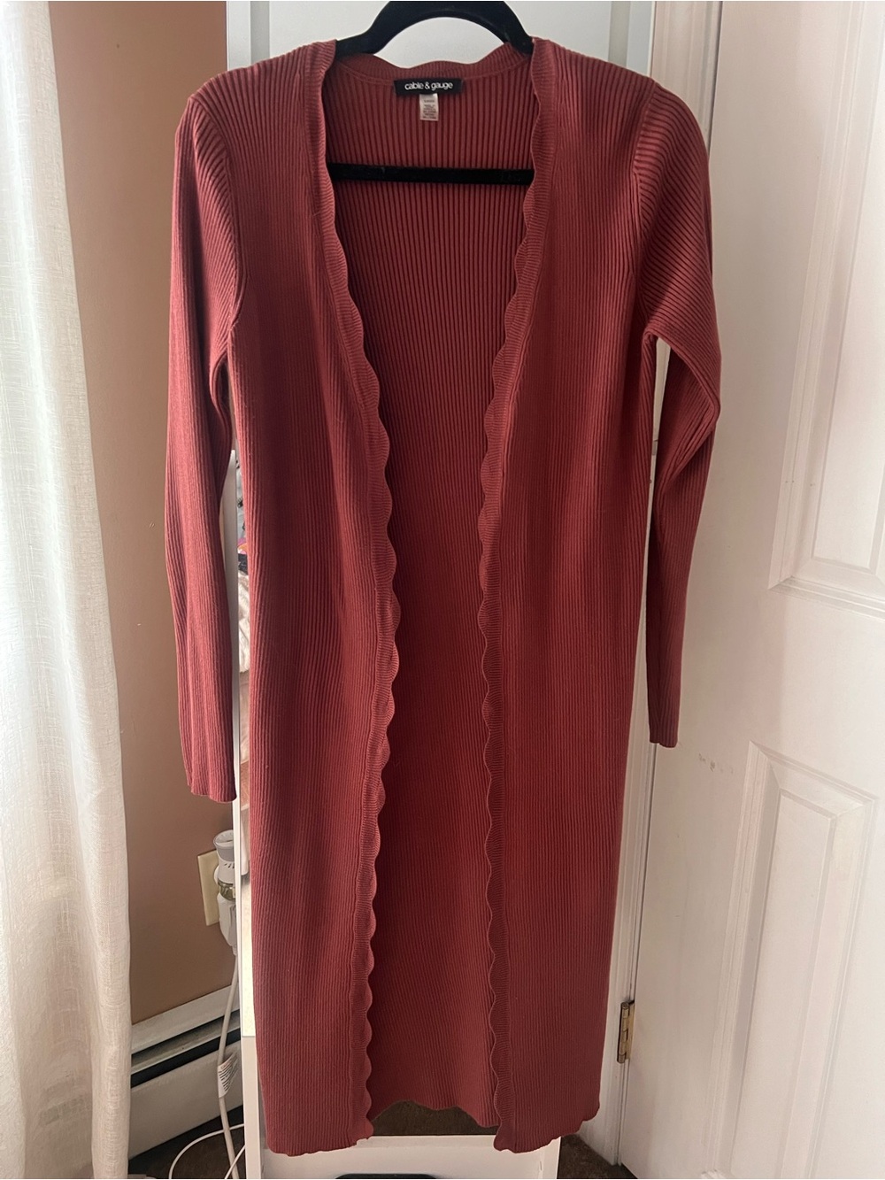 Cable & Gauge Ribbed Open-Front Cardigan in Rust